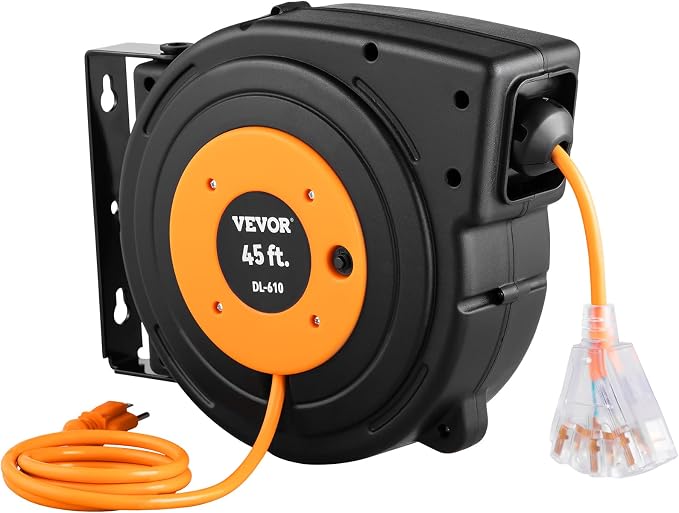 VEVOR Retractable Extension Cord Reel, 45 FT, Heavy Duty 12AWG/3C SJTOW Power - Image 10