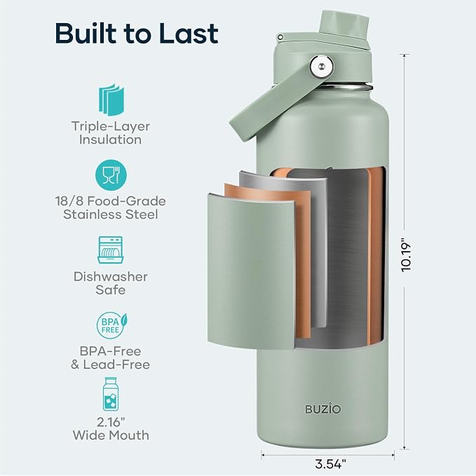 BUZIO 40 oz Water Bottle Insulated, Triple Wall Vacuum Stainless Steel Flask - Image 4