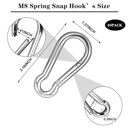 40 PCS 3'' Spring Snap Hook Carabiner, M8 5/16 Inch Galvanized Silver Steel - Image 2