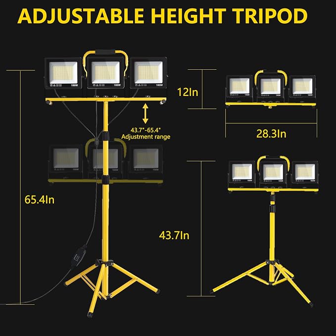32000LM LED Work Light with Tripod, 3x100W 3-Head Floodlight, Plug-in 120V - Image 7