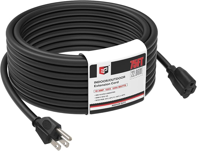 EP 75FT Black Outdoor Extension Cord, 16/3 SJTW Heavy Duty Waterproof, 3 Prong by ENERGYPRO