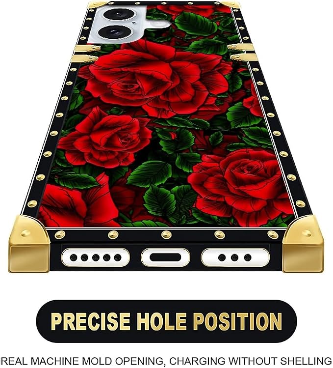 Compatible with iPhone 16 Plus Case, Vector Red Rose Green Leaf Luxury Golden - Image 4