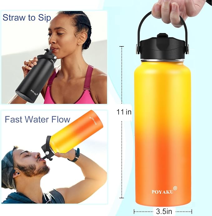 Water Bottle Insulated 32oz 40oz 64oz 128oz Straw Lid Spout Lid & 3 Lids - Image 3