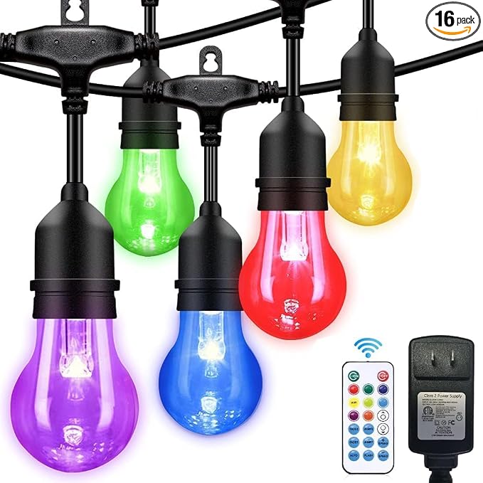 35FT Outdoor String Lights, 16 Shatterproof Edison Bulbs, Dimmable RGB Color by IPStank