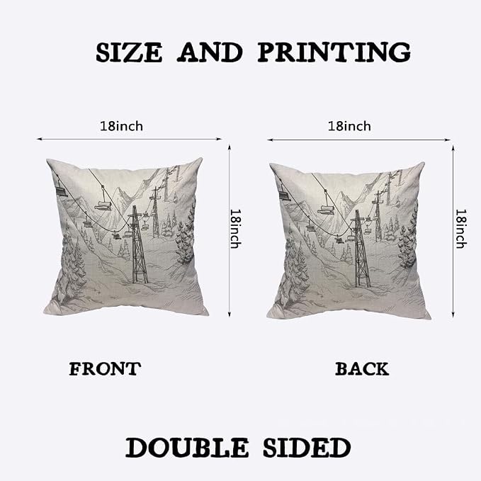 TKS MITLAN Mountain Ski Lift Pillow Cover 18x18 inch Sketch White Wintertime - Image 2