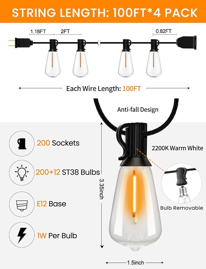 LED Outdoor String Lights 400ft Shatterproof Patio Lights - Image 2