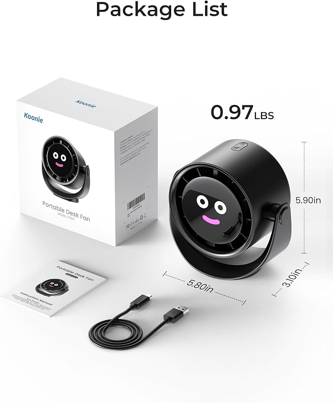 Koonie Desk Fan, LED Display Mini Table Fan, Rechargeable Personal Fan - Image 9