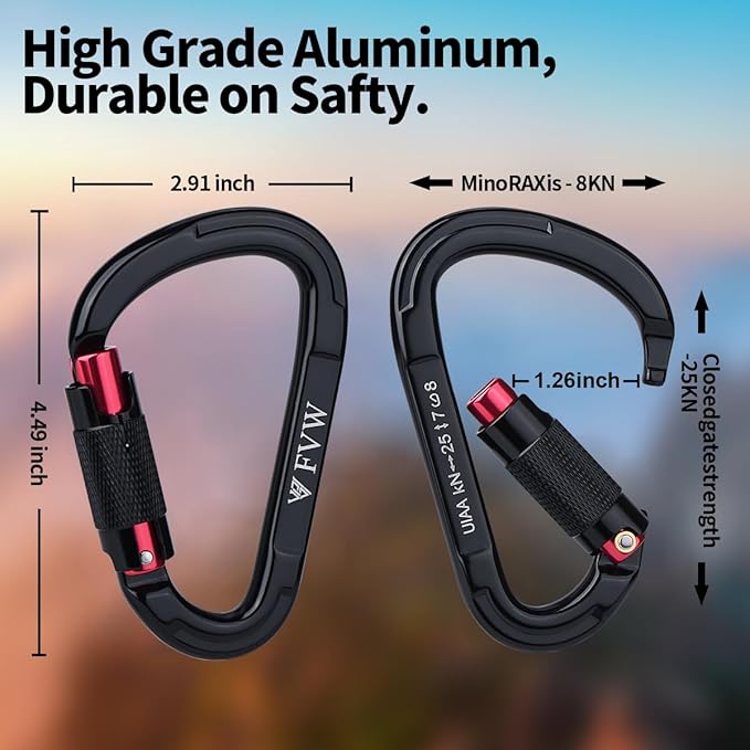 FVW Auto Locking Rock Climbing Carabiner Clips, Professional 25KN Heavy Duty - Image 3