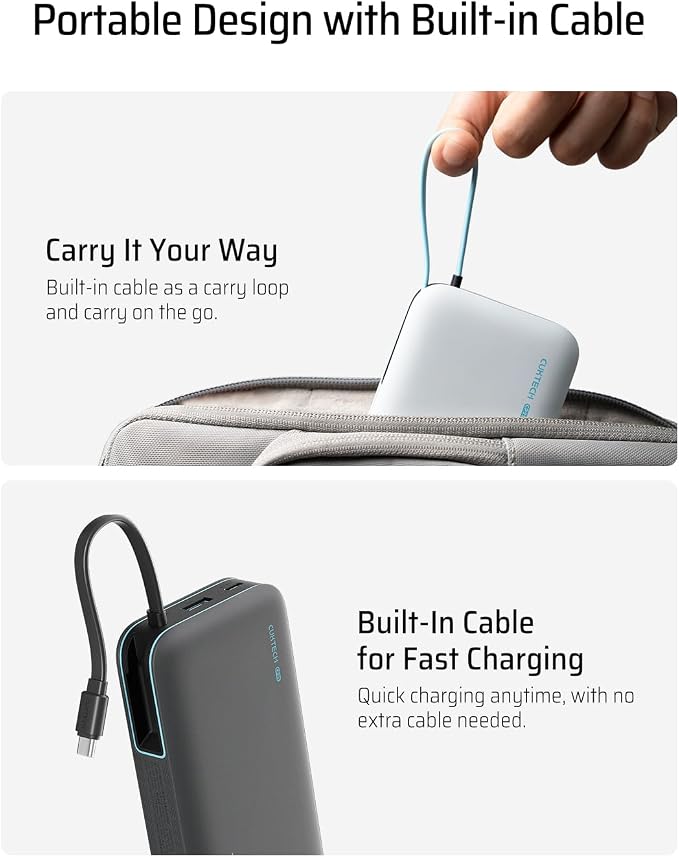 CUKTECH 45W Power Bank 20000mAh, Portable Travel Charger Built-in USB C Cable - Image 5