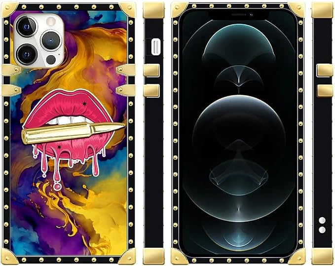Compatible with iPhone 12 12 Pro Case, Cool Corlorful Lip Marble Luxury Golden - Image 2