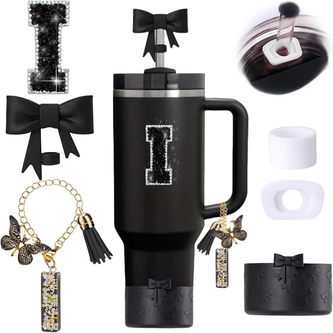 6pcs Black Stanley Cup Accessories Set, Bow Straw Topper by MOTEERLLU