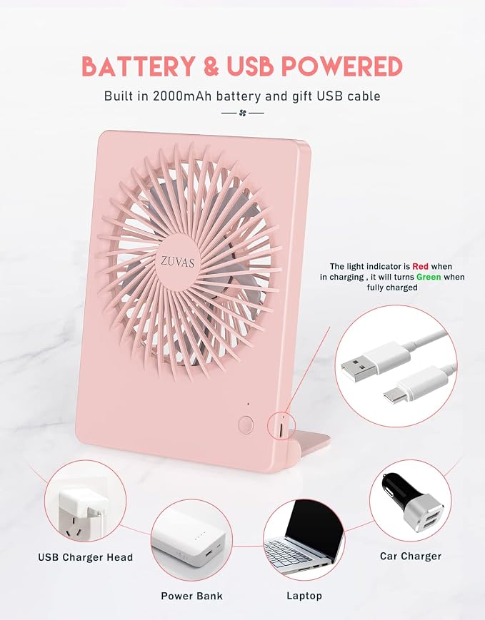 Zuvas Desk Fan Battery Operated Fan Rechargeable 180°Tilt Folding Personal Fan - Image 5