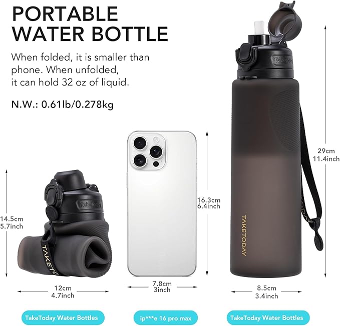 TakeToday Collapsible Water Bottles 32oz, Foldable Travel Water Bottle - Image 3