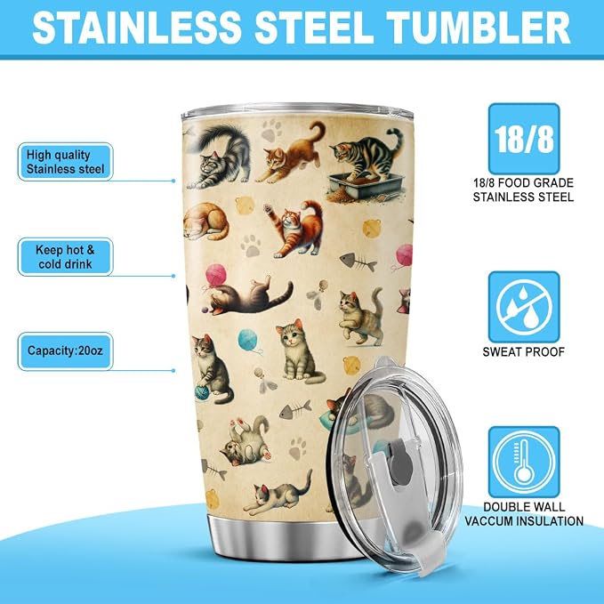 Cute Cat Pattern Travel Mug, 20oz Insulated Stainless Steel Tumbler - Image 7