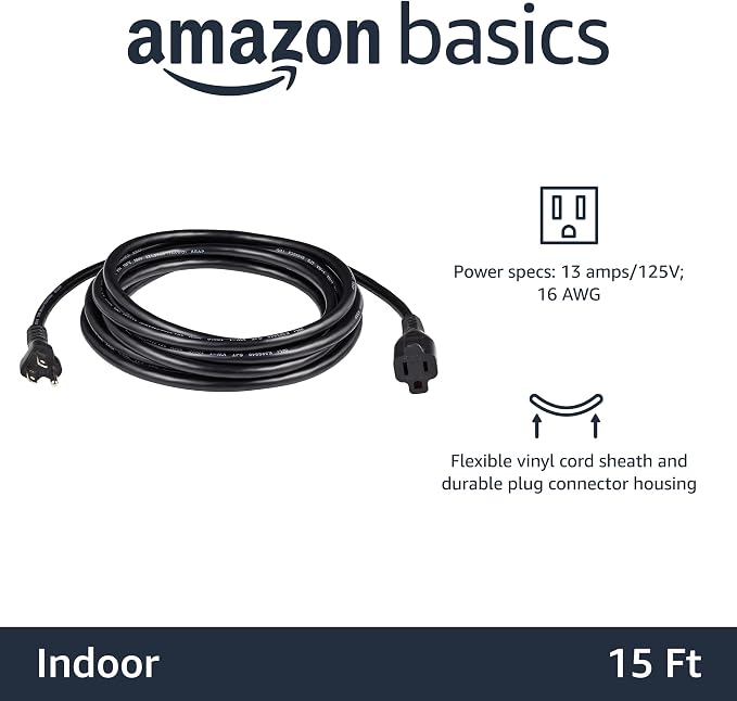 Amazon Basics Extension Cord, 15 Ft, 3-Prong Outlet Extender, 13 Amps - Image 2