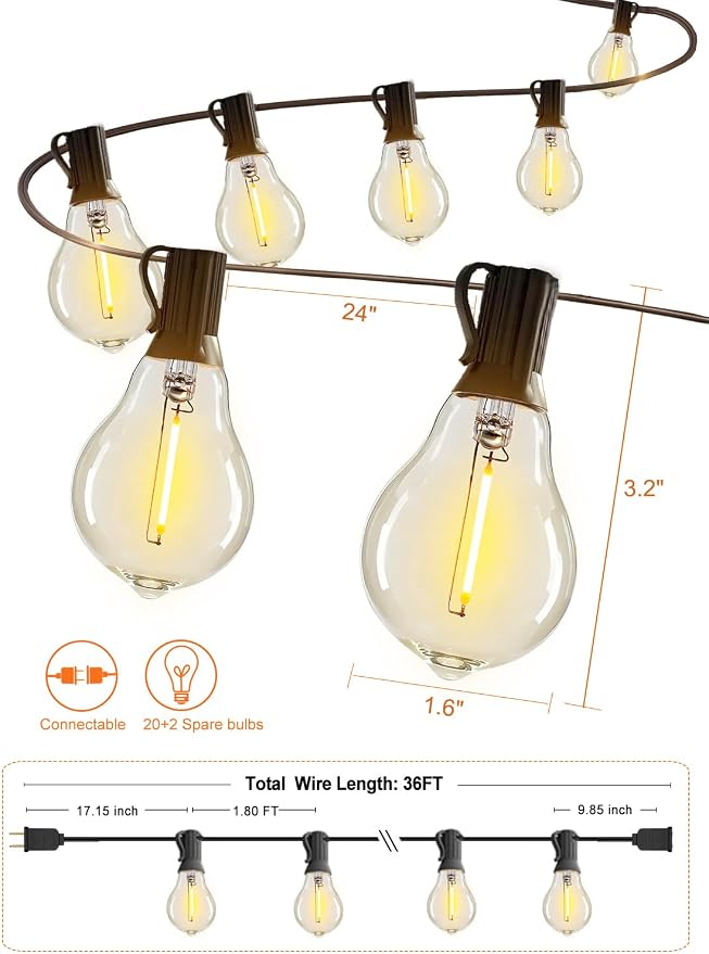 DAMAING LED String Lights Outside 36FT Weatherproof Patio Lights - Image 7