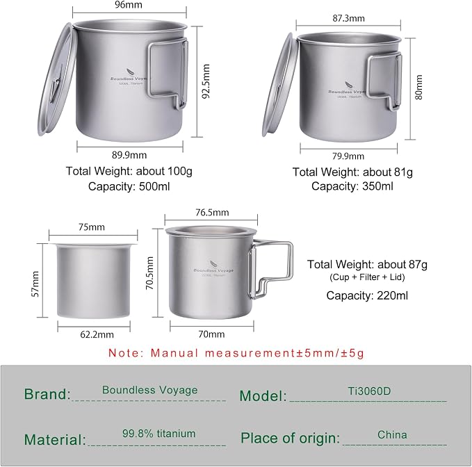 iBasingo Titanium Cup Set with Lid Foldable Handle Single-walled Camping Mug - Image 2