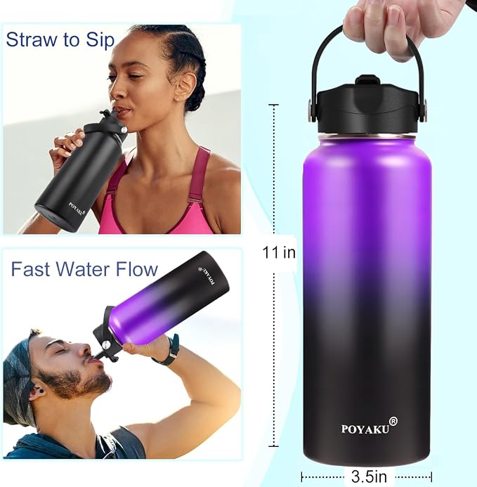 Water Bottle Insulated 32oz 40oz 64oz 128oz Straw Lid Spout Lid & 3 Lids - Image 2