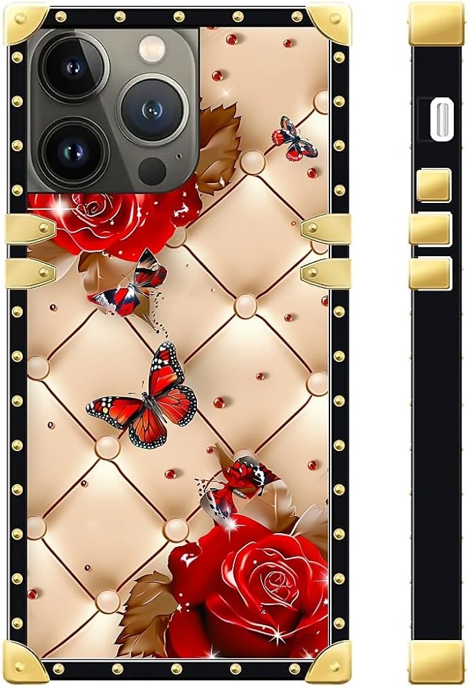 Compatible with iPhone 15 Pro Case, Shining Red Rose Butterfly Leather - Image 3