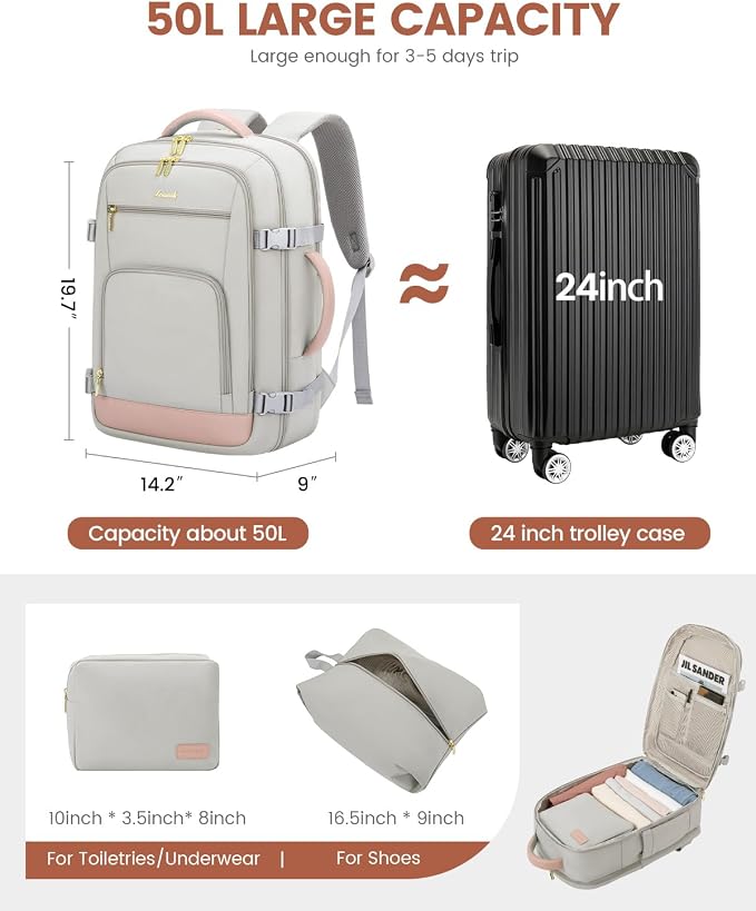 LOVEVOOK Travel Backpack For Women Flight Approved, 50L Carry On Backpack - Image 3