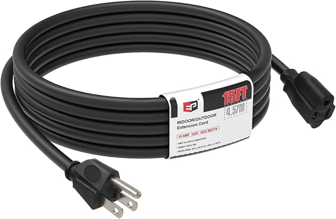 EP 15FT Black Outdoor Extension Cord, 16/3 SJTW Heavy Duty Waterproof, 3 Prong by ENERGYPRO