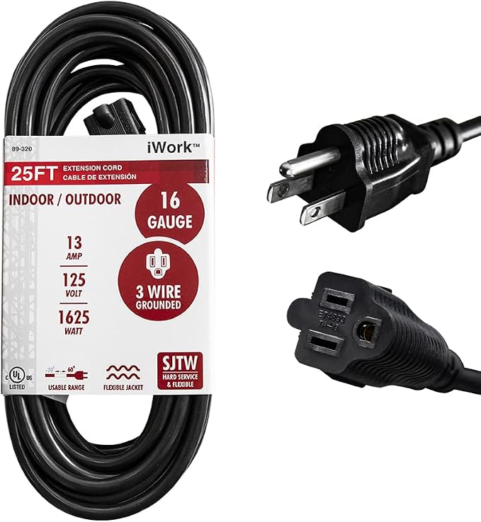 25 Ft Black Extension Cord 3 Prong, Weather-Resistant 16/3 SJTW, 1625 Watt by iWork
