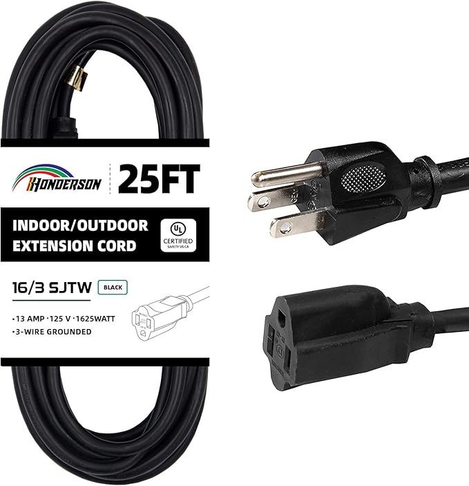 25FT Outdoor Extension Cord-16/3 SJTW Durable Black Extension Cable by HONDERSON