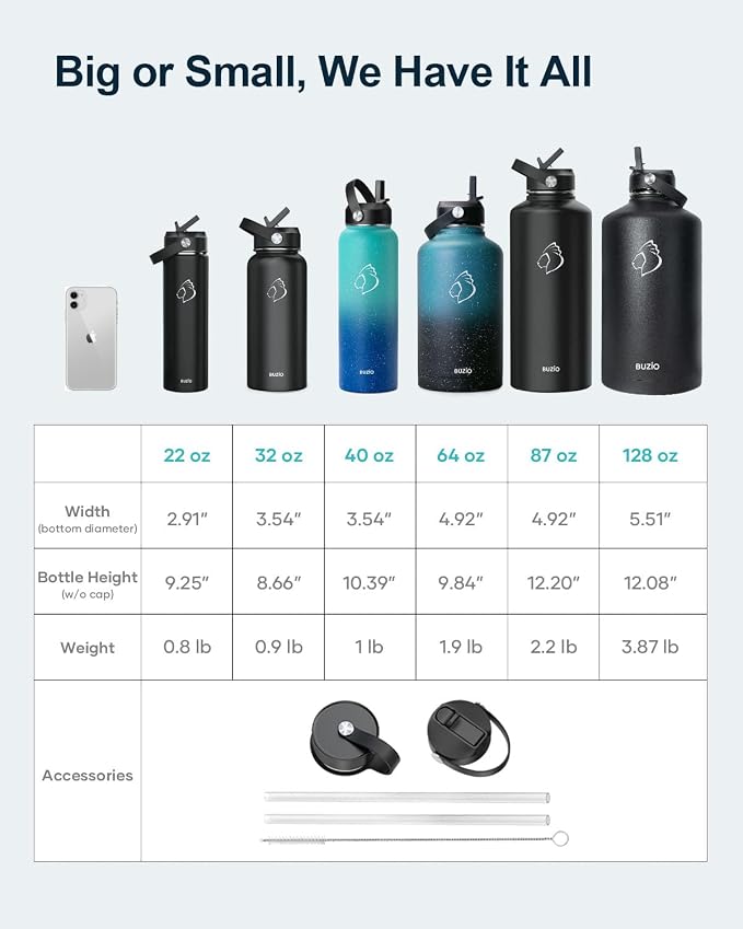 BUZIO 64oz Insulated Water Bottle Stainless Steel Double Wall Leak Proof Half - Image 6