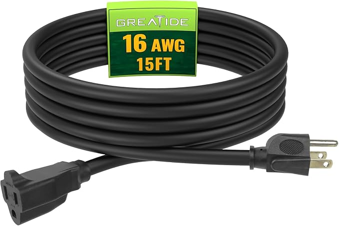 Indoor Outdoor Extension Cord 15 FT, 16/3 SJTW Weatherproof Black Electrical by GREATIDE