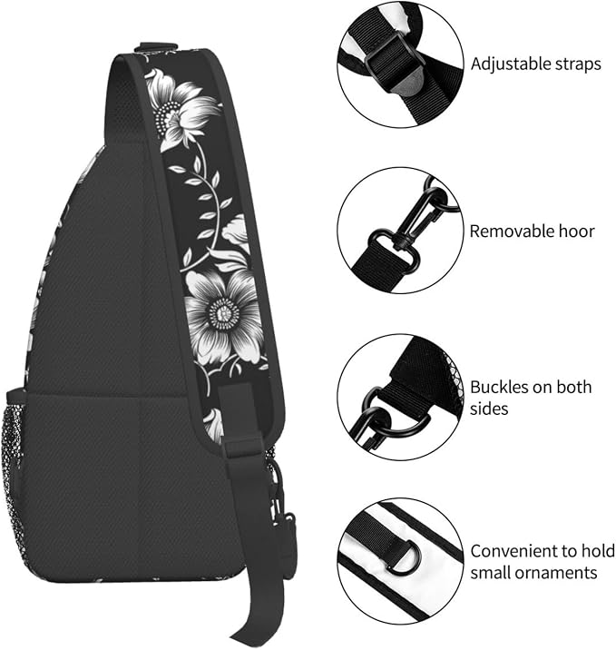 Black White Flowers Crossbody Sling Bag - Image 4
