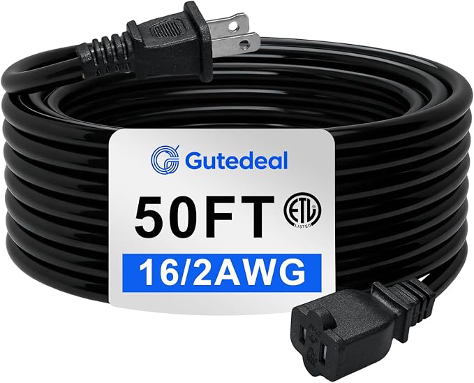 Extension Cord 50 Ft-2 Prong Outdoor Extension Cord, 16AWG 13A 1625W Waterproof by Gutedeal