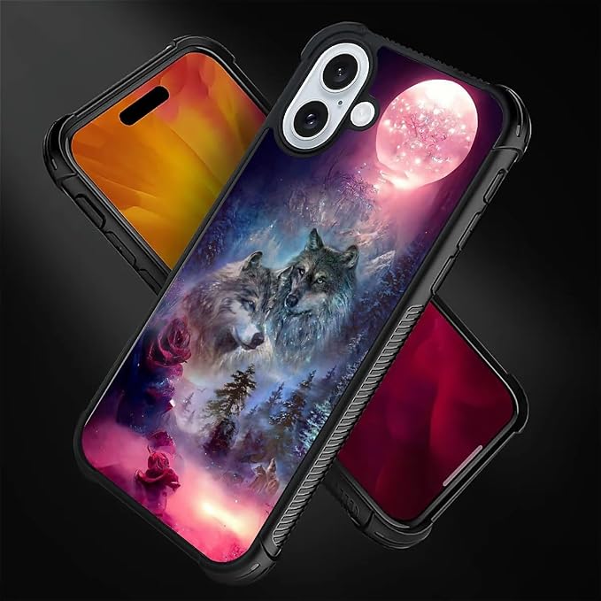 for iPhone 16 Plus Case, Star Two Wolfs Howling Pattern Graphic Design Girl Boy - Image 2