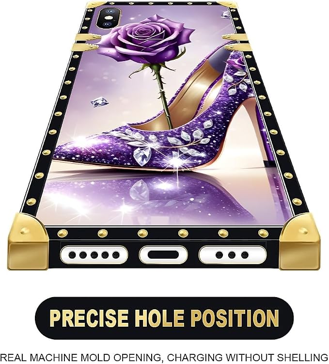 Compatible with iPhone XR Case, High Heeled Purple Diamond Rose Luxury Golden - Image 5