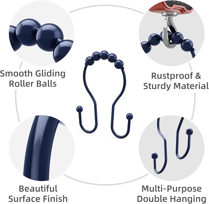 Bathway Shower Curtain Hooks, Shower Curtain Rings Rust Proof Navy Blue Double - Image 2