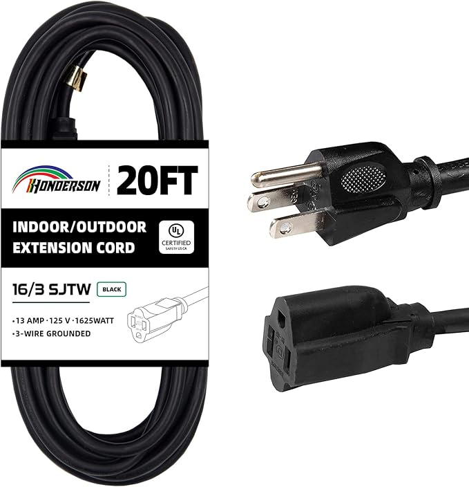 20FT Outdoor Extension Cord-16/3 SJTW Durable Black Extension Cord by HONDERSON
