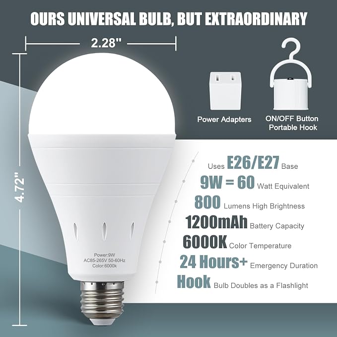 6Pack Rechargeable Emergency Light Bulb, A19 9W Daylight 6000K Self-Charging - Image 7
