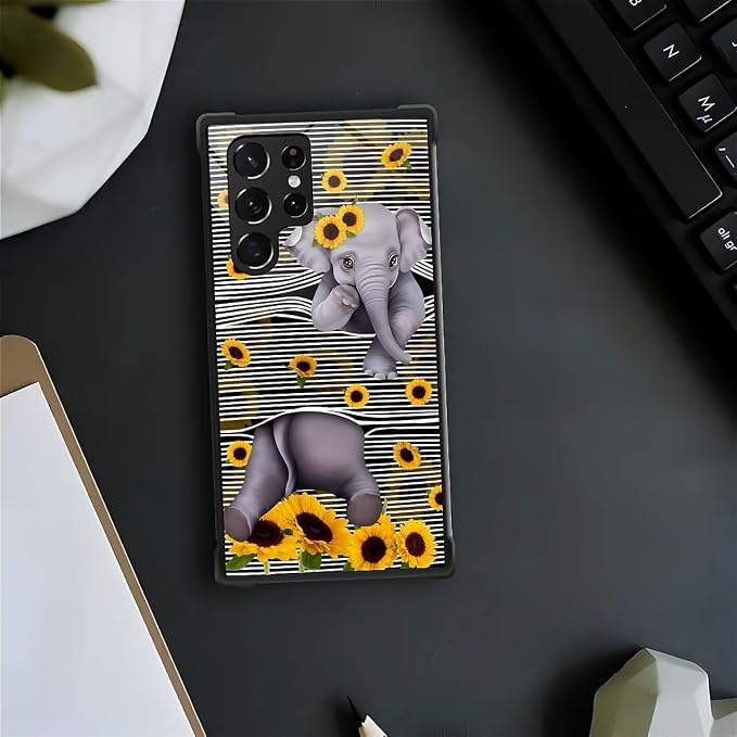 for Samsung Galaxy S22 Ultra Case, Cute Little Elephant Sunflower White Line - Image 3