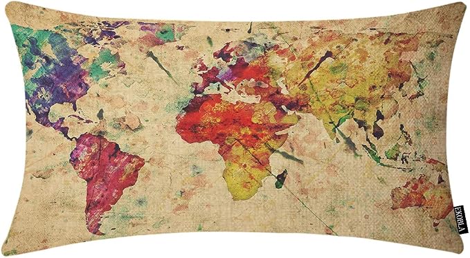 EKOBLA Watercolor World Map Lumbar Pillow Cases Vintage Global Stain Graphic by EKOBLA