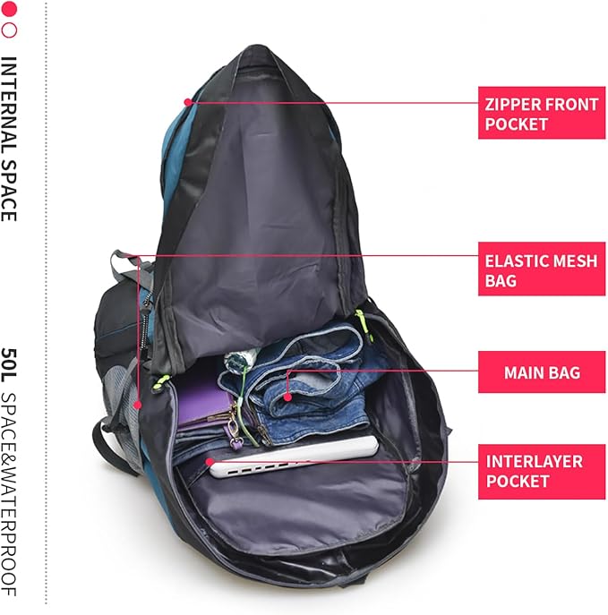 Bseash 50L Hiking Backpack, Water Resistant Lightweight Outdoor Sport Daypack - Image 8