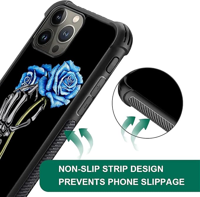 for iPhone 15 Pro Case, Skeleton Holding Blue Rose Pattern Graphic Design Girl - Image 6