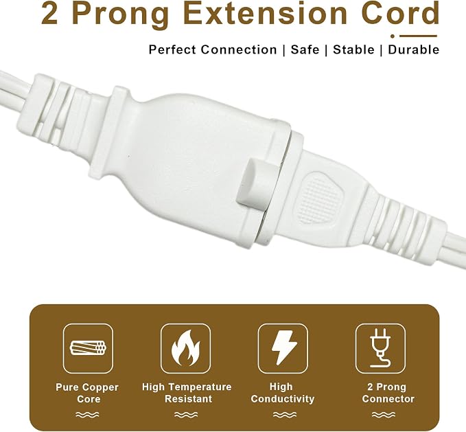 25 FT 2 Prong Extension Cord, 18AWG SPT-2 Indoor Male to Female Power Cord ETL - Image 4