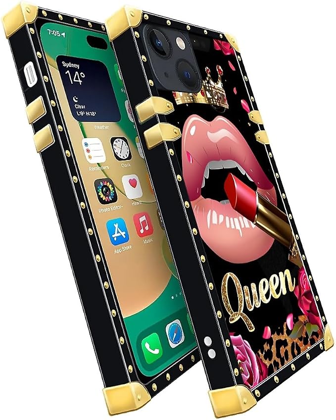 Compatible with iPhone 14 Case, Glitter Red Rose Queen Leopard Lipstick Luxury - Image 3