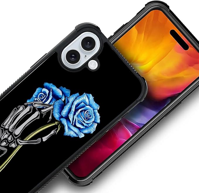 for iPhone 16 Case, Skeleton Holding Blue Rose Pattern Graphic Design Girl Boy - Image 3
