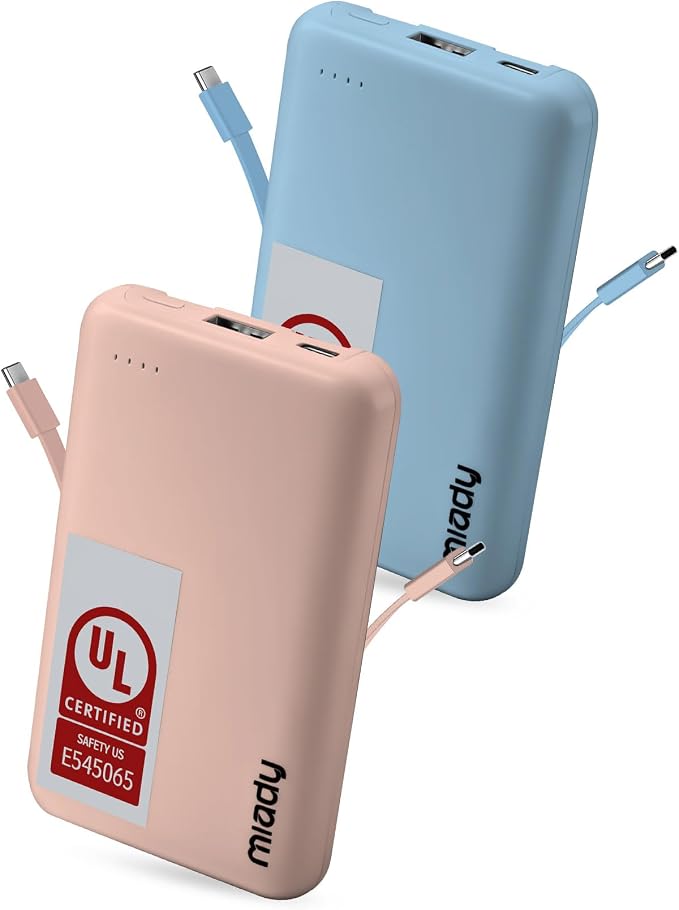 Miady 2-Pack Small Portable Charger UL Listed, 5000mAh Slim Power Bank Built-in by Miady