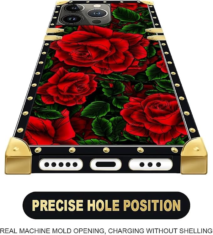 Compatible with iPhone 15 Pro Case, Vector Red Rose Green Leaf Luxury Golden - Image 5