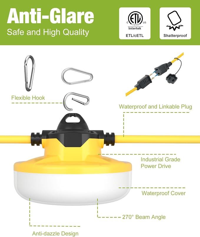 100FT Construction String Lights 3Prong Temp Lighting, 130W 16000LM Industrial - Image 3