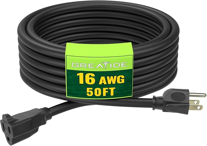 Indoor Outdoor Extension Cord 50 FT, 16/3 SJTW Weatherproof Black Electrical by GREATIDE