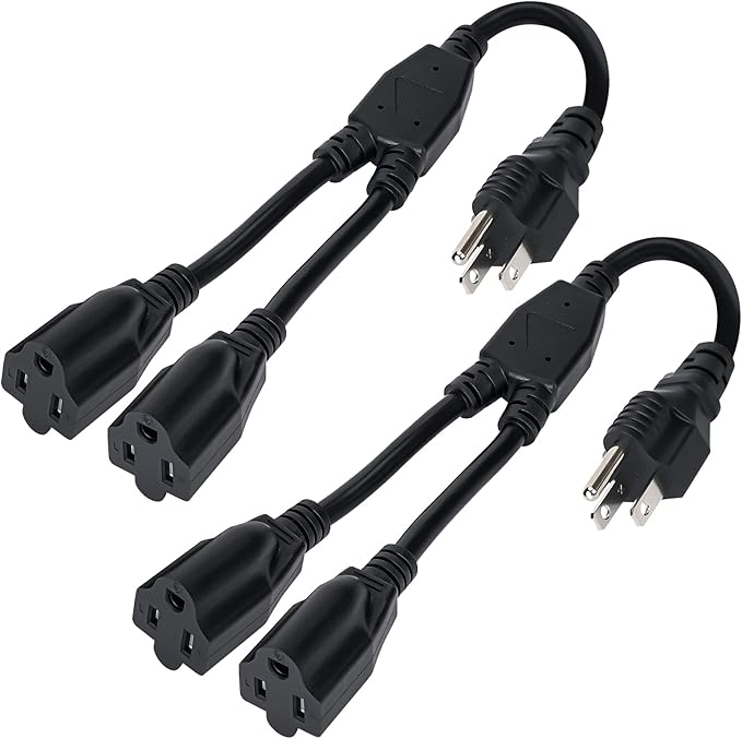 Elecan 3-Prong Y Splitter Power Extension Cord 1 FT/2 Pack, Straight Plug 1 to by Elecan