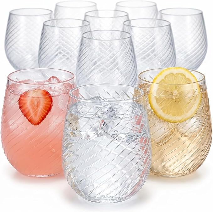 40 count 12 Ounce Cups Origami Ribbed Unbreakable Stemless Plastic Wine by Oojami