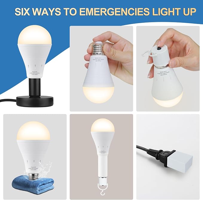 6 Pack Rechargeable Emergency Lights Blubs, Battery Powered Light Bulb 9W 60W - Image 7